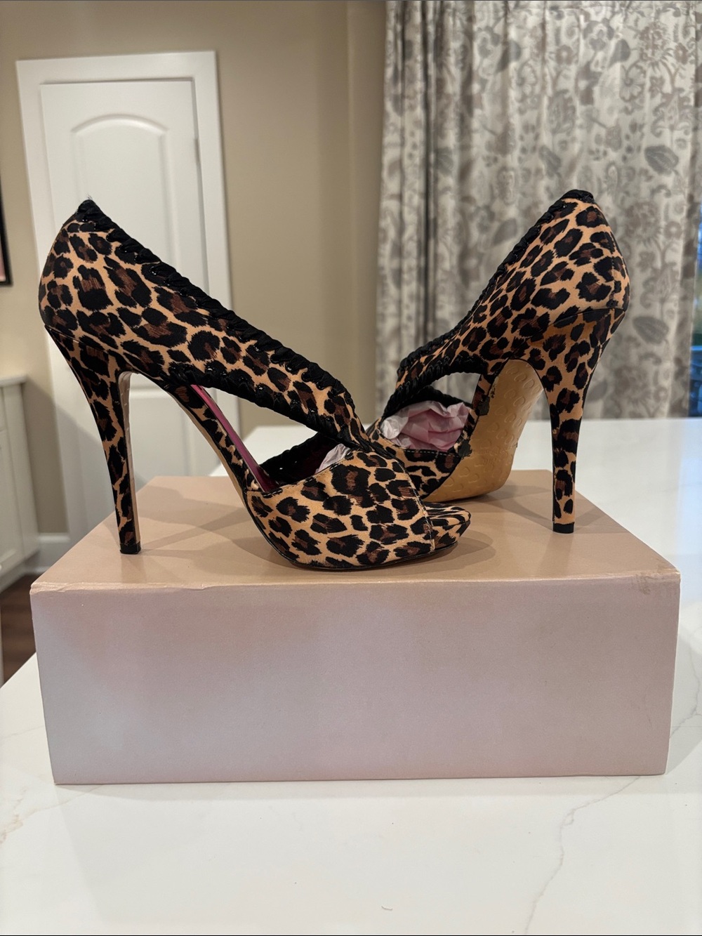 Betsey Johnson Leopard Print Open-Toe Stiletto Heels in Brown and Black